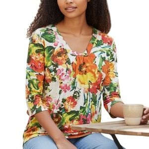 Susan Graver Floral Print V Neck 3/4 Sleeve Top Women's Size Medium